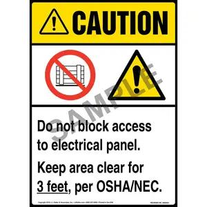 Caution: Do Not Block Electrical Panel, Keep Area Clear For 3 Ft. Sign with Icons - ANSI