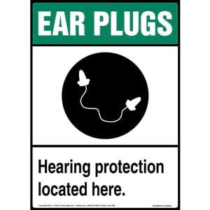 Ear Plugs: Hearing Protection Located Here Sign with Icon