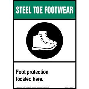 Steel Toe Footwear: Foot Protection Located Here Sign with Icon