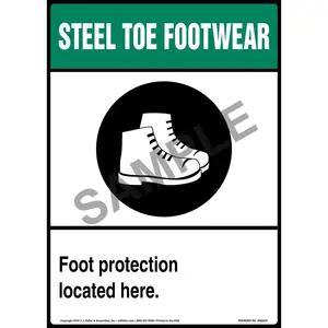 Steel Toe Footwear: Foot Protection Located Here Sign with Icon