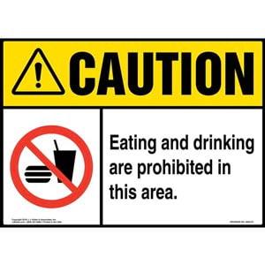 Caution: Eating and Drinking Are Prohibited in This Area Sign with Icon - ANSI
