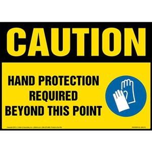 Caution: Hand Protection Required Beyond This Point Sign with Icon - OSHA