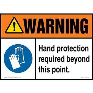 Warning: Hand Protection Required Beyond This Point Sign with Icon - ANSI