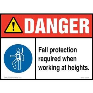 Danger: Fall Protection Required When Working at Heights Sign with Icon - ANSI