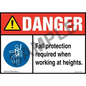 Danger: Fall Protection Required When Working at Heights Sign with Icon - ANSI