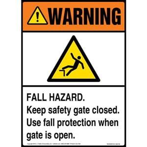 Warning: Fall Hazard, Keep Safety Gate Closed, Use Fall Protection When Gate Is Open Sign with Icon - ANSI