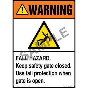 Warning: Fall Hazard, Keep Safety Gate Closed, Use Fall Protection When Gate Is Open Sign with Icon - ANSI
