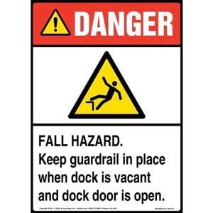 Danger: Fall Hazard, Keep Guardrail in Place When Dock Is Vacant and Dock Door Is Open Sign with Icon - ANSI