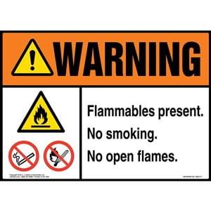 Warning: Flammables Present, No Smoking, No Open Flames Sign with Icons - ANSI