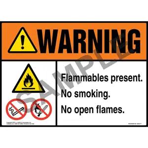 Warning: Flammables Present, No Smoking, No Open Flames Sign with Icons - ANSI