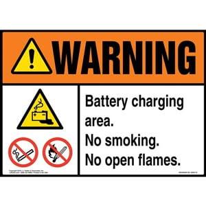Warning: Battery Charging Area, No Smoking, No Open Flames Sign with Icons - ANSI