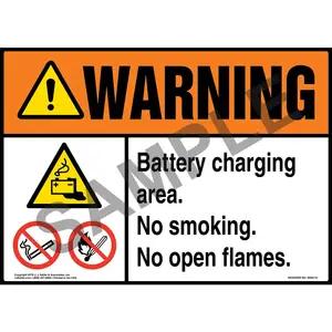 Warning: Battery Charging Area, No Smoking, No Open Flames Sign with Icons - ANSI
