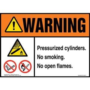 Warning: Pressurized Cylinders, No Smoking, No Open Flames Sign with Icons - ANSI