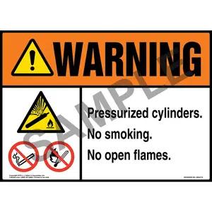 Warning: Pressurized Cylinders, No Smoking, No Open Flames Sign with Icons - ANSI