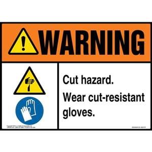 Warning: Cut Hazard, Wear Cut-Resistant Gloves Sign with Icons - ANSI