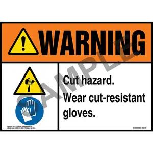Warning: Cut Hazard, Wear Cut-Resistant Gloves Sign with Icons - ANSI