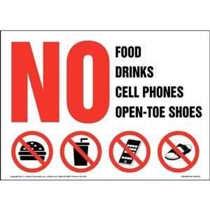 No Food, Drinks, Cell Phones, Open Toe Shoes Sign with Icon