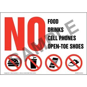 No Food, Drinks, Cell Phones, Open Toe Shoes Sign with Icon