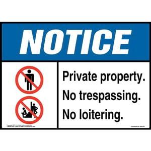 Notice: Private Property, No Trespassing or Loitering Sign with Icons - ANSI