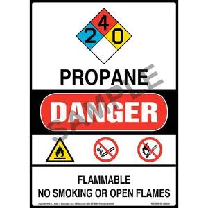 Danger: Propane, No Smoking or Open Flames Sign with Icons - OSHA, Long Format