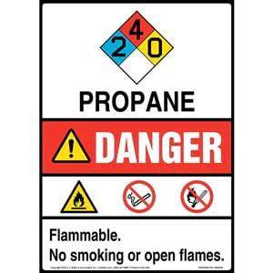 Danger: Propane, No Smoking or Open Flames Sign with Icons - ANSI, Long Format