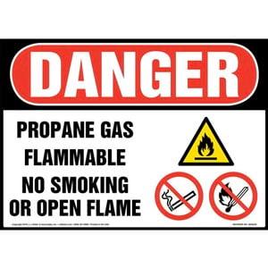 Danger: Propane Gas, Flammable, No Smoking or Open Flame Sign with Icons - OSHA