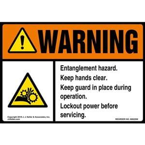 Warning: Entanglement Hazard, Keep Hands Clear Label with Icon - ANSI