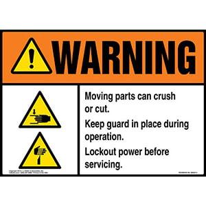 Warning: Moving Parts Can Crush Or Cut, Keep Guard In Place During Operation Sign with Icons - ANSI