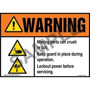 Warning: Moving Parts Can Crush Or Cut, Keep Guard In Place During Operation Sign with Icons - ANSI