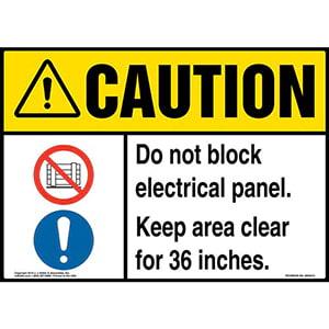 Caution: Do Not Block Electrical Panel, Keep Area Clear For 36 In. Sign with Icons - ANSI
