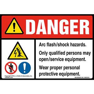 Danger: Arc Flash/Shock Hazards, Only Qualified Persons May Open/Service Equipment Label with Icons - ANSI