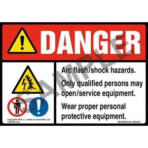 Danger: Arc Flash/Shock Hazards, Only Qualified Persons May Open/Service Equipment Label with Icons - ANSI