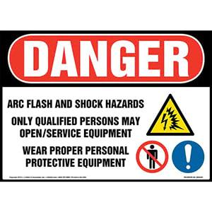 Danger: Arc Flash And Shock Hazards, Only Qualified Persons May Open/Service Equipment Sign with Icons - OSHA