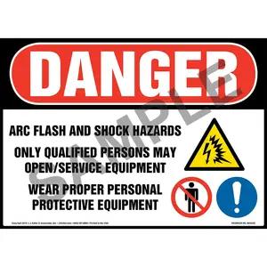 Danger: Arc Flash And Shock Hazards, Only Qualified Persons May Open/Service Equipment Sign with Icons - OSHA