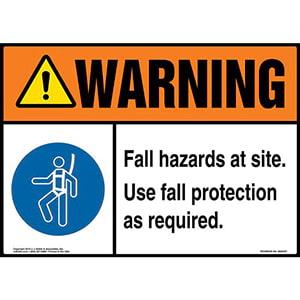 Warning: Fall Hazards At Site, Use Fall Protection As Required Sign with Icon - ANSI