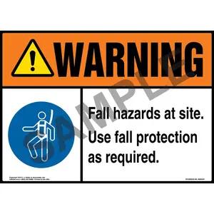 Warning: Fall Hazards At Site, Use Fall Protection As Required Sign with Icon - ANSI