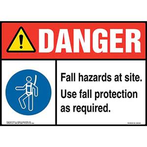 Danger: Fall Hazards At Site, Use Fall Protection As Required Sign with Icon - ANSI