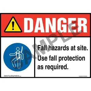 Danger: Fall Hazards At Site, Use Fall Protection As Required Sign with Icon - ANSI