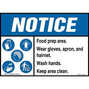 Notice: Food Prep Area, Wear Gloves, Apron, And Hairnet, Wash Hands, Keep Area Clean Sign with Icons - ANSI