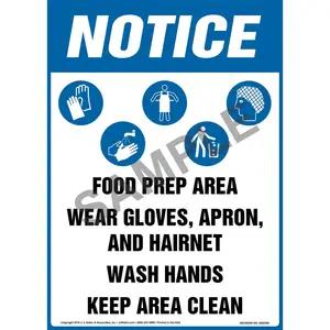 Notice: Food Prep Area, Wear Gloves, Apron, And Hairnet, Wash Hands, Keep Area Clean Sign with Icons - OSHA, Long Format