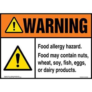 Warning: Food Allergy Hazard, Food May Contain Nuts, Wheat, Soy, Fish, Eggs, Or Dairy Products Sign with Icon - ANSI