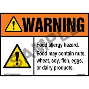 Warning: Food Allergy Hazard, Food May Contain Nuts, Wheat, Soy, Fish, Eggs, Or Dairy Products Sign with Icon - ANSI