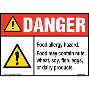 Danger: Food Allergy Hazard, Food May Contain Nuts, Wheat, Soy, Fish, Eggs, Or Dairy Products Sign with Icon - ANSI