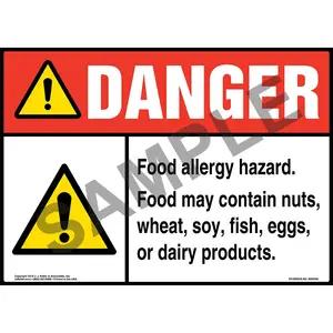 Danger: Food Allergy Hazard, Food May Contain Nuts, Wheat, Soy, Fish, Eggs, Or Dairy Products Sign with Icon - ANSI