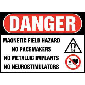 Danger: Magnetic Field Hazard, No Pacemakers, No Metallic Implants, No Neurostimulators Sign with Icon - OSHA