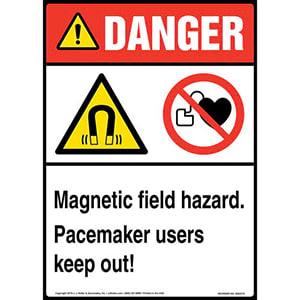 Danger: Magnetic Field Hazard, Pacemaker Users Keep Out Sign with Icons - ANSI, Long Format