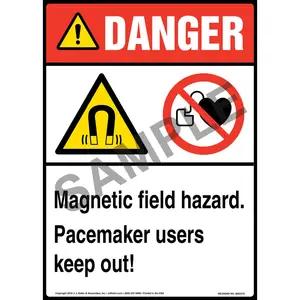 Danger: Magnetic Field Hazard, Pacemaker Users Keep Out Sign with Icons - ANSI, Long Format