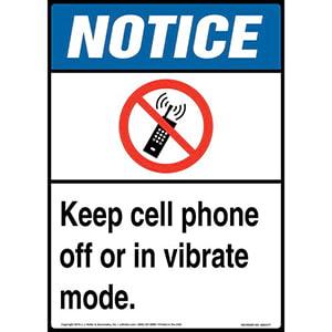 Notice: Keep Cell Phone Off Or In Vibrate Mode Sign with Icon - ANSI, Long Format