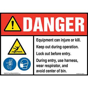 Danger: Equipment Can Injure Or Kill, Keep Out During Operation, Lock Out Before Entry Sign with Icons - ANSI