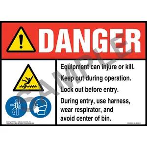 Danger: Equipment Can Injure Or Kill, Keep Out During Operation, Lock Out Before Entry Sign with Icons - ANSI